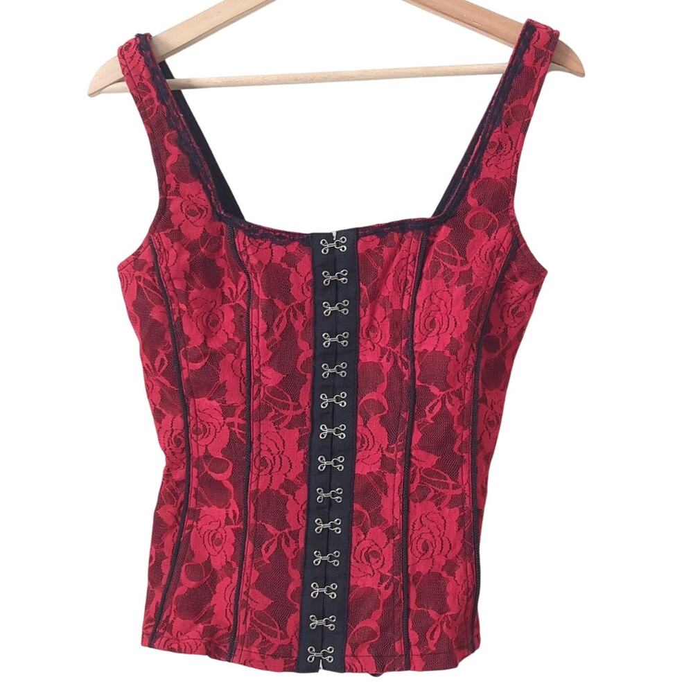 Royal Bones Corset Red Black Trim Lace Up Back Clasp Y2K Medium‎ Hot Topic M